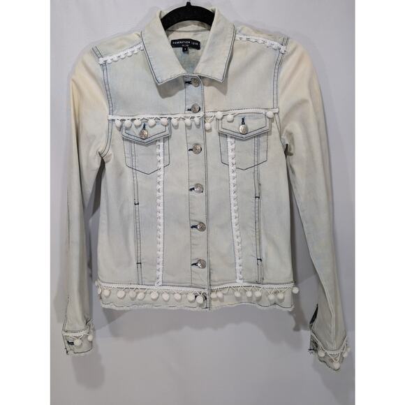 Generation Love Pom Pom Trim Distressed Boho Light Wash Denim Jacket Size S - Picture 1 of 8